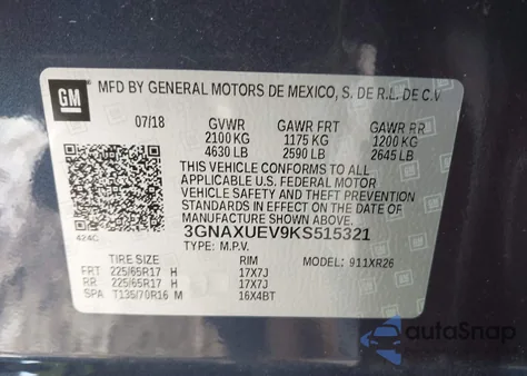2019 Chevrolet Equinox Lt из США, поврежденный, VIN 3GNAXUEV9KS515321